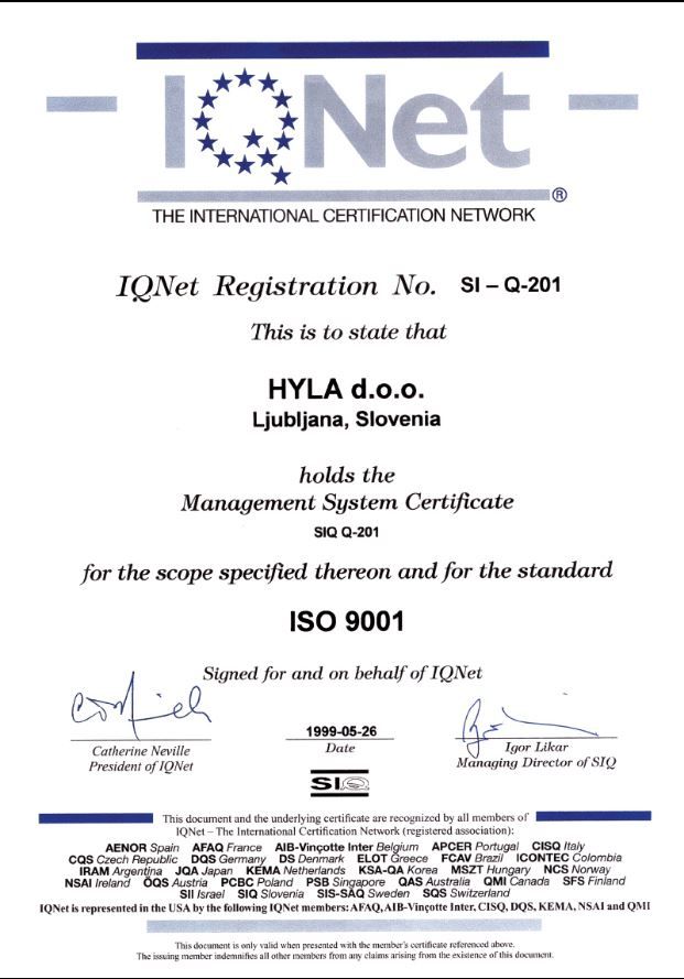 obr Certifikát výrobní kvality Hyla ISO 9001