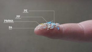 Částice různých mikroplastů a nanoplastů na prstě