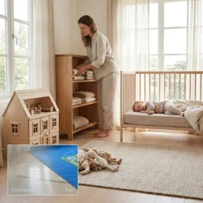 Zařízení dětského pokoje mikroplasty před a&nbsp;po použití přírodních materiálů 